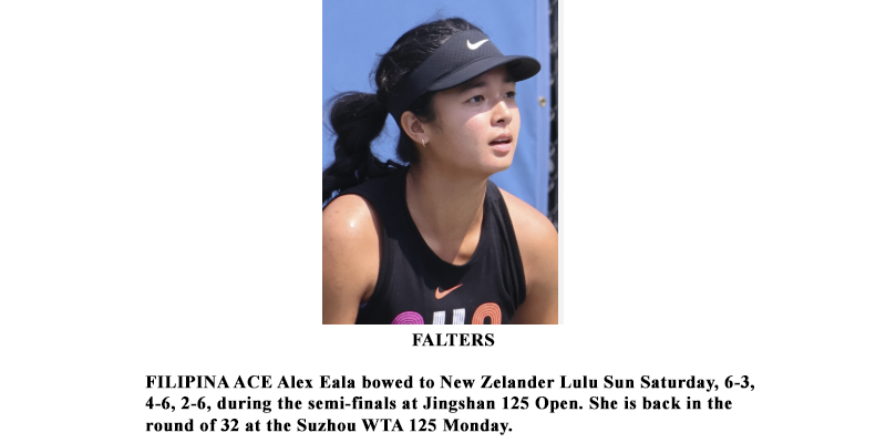 FALTERS: FILIPINA ACE Alex Eala bowed to New Zelander Lulu Sun Saturday, 6-3, 4-6, 2-6, during the semi-finals at Jingshan 125 Open. She is back in the round of 32 at the Suzhou WTA 125 Monday.